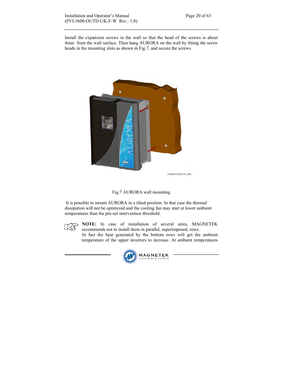 Aurora Electronics MAGNETEK PVI-3600-OUTD-UK-F-W User Manual | Page 20 / 63