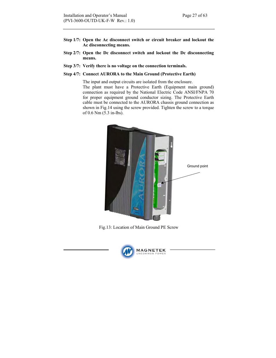 Aurora Electronics MAGNETEK PVI-3600-OUTD-UK-F-W User Manual | Page 27 / 63