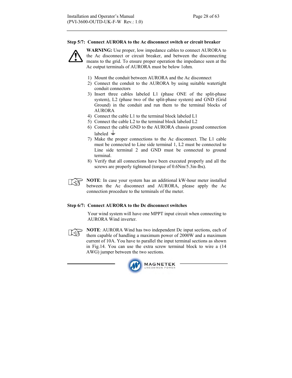 Aurora Electronics MAGNETEK PVI-3600-OUTD-UK-F-W User Manual | Page 28 / 63