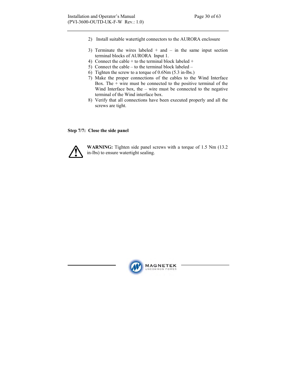 Aurora Electronics MAGNETEK PVI-3600-OUTD-UK-F-W User Manual | Page 30 / 63