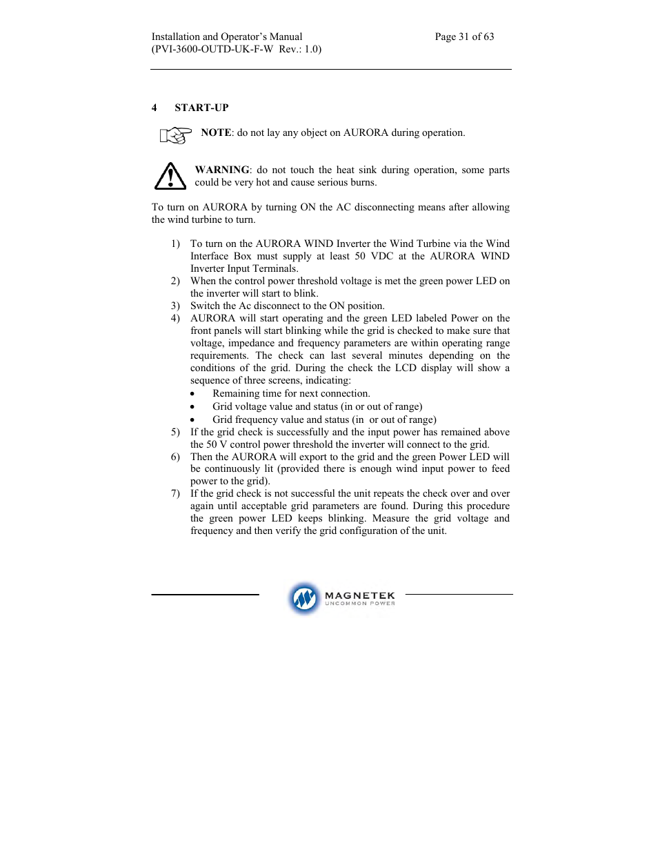 Aurora Electronics MAGNETEK PVI-3600-OUTD-UK-F-W User Manual | Page 31 / 63