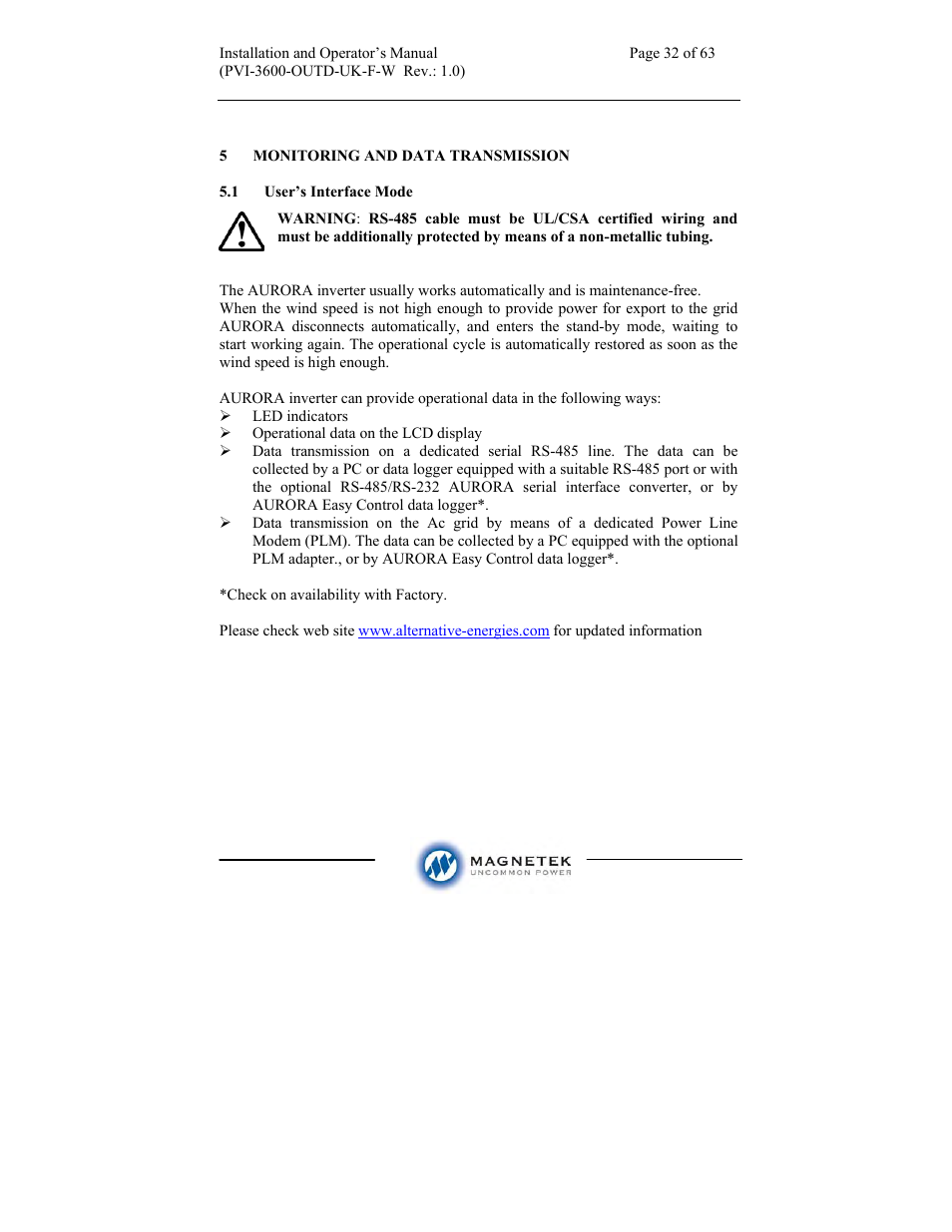 Aurora Electronics MAGNETEK PVI-3600-OUTD-UK-F-W User Manual | Page 32 / 63