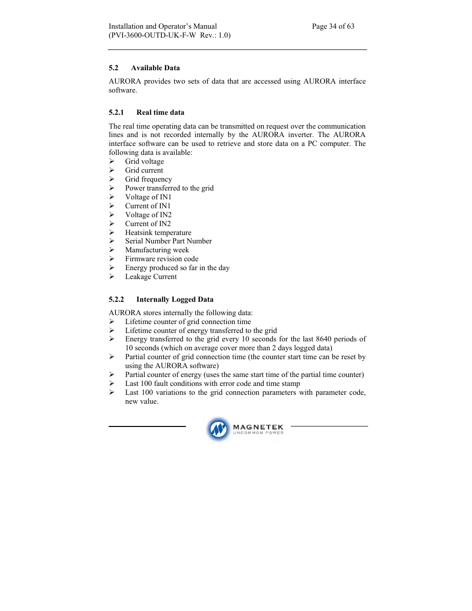 Aurora Electronics MAGNETEK PVI-3600-OUTD-UK-F-W User Manual | Page 34 / 63