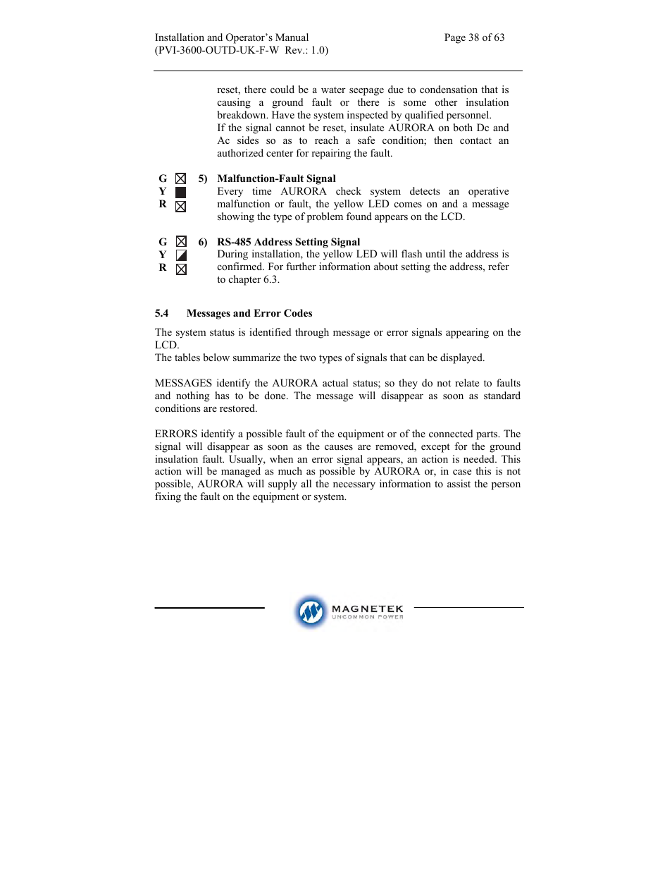 Aurora Electronics MAGNETEK PVI-3600-OUTD-UK-F-W User Manual | Page 38 / 63