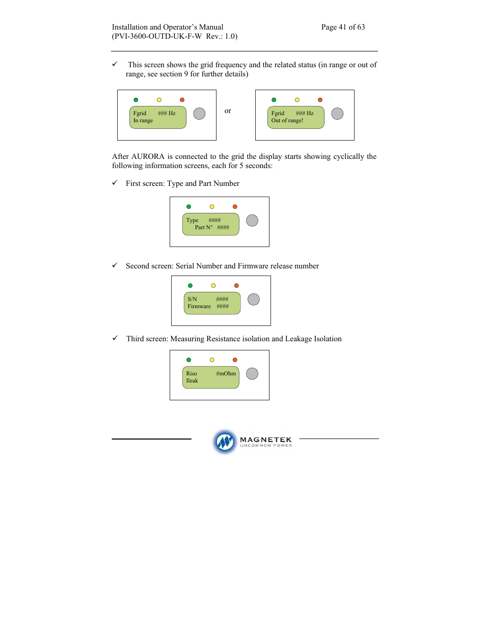 Aurora Electronics MAGNETEK PVI-3600-OUTD-UK-F-W User Manual | Page 41 / 63