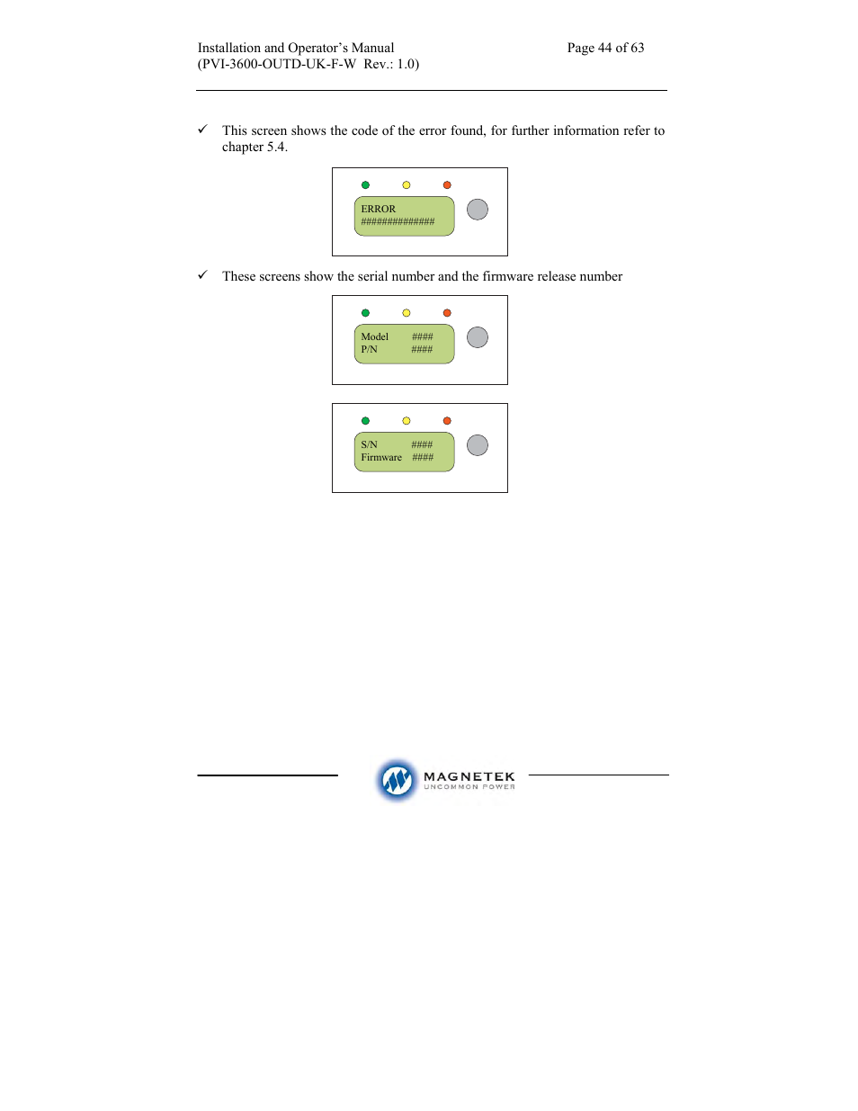 Aurora Electronics MAGNETEK PVI-3600-OUTD-UK-F-W User Manual | Page 44 / 63
