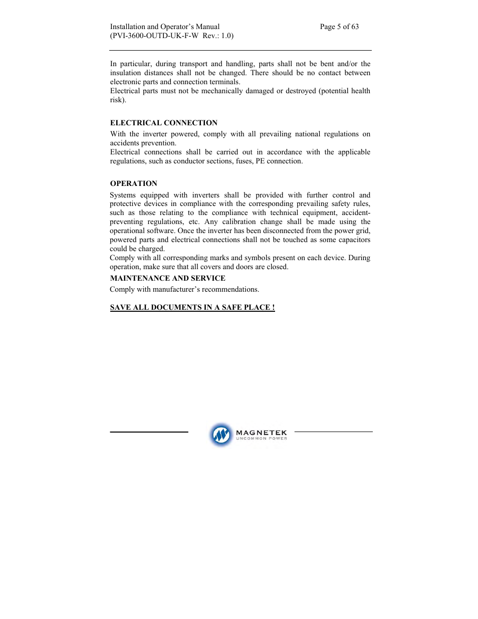 Aurora Electronics MAGNETEK PVI-3600-OUTD-UK-F-W User Manual | Page 5 / 63