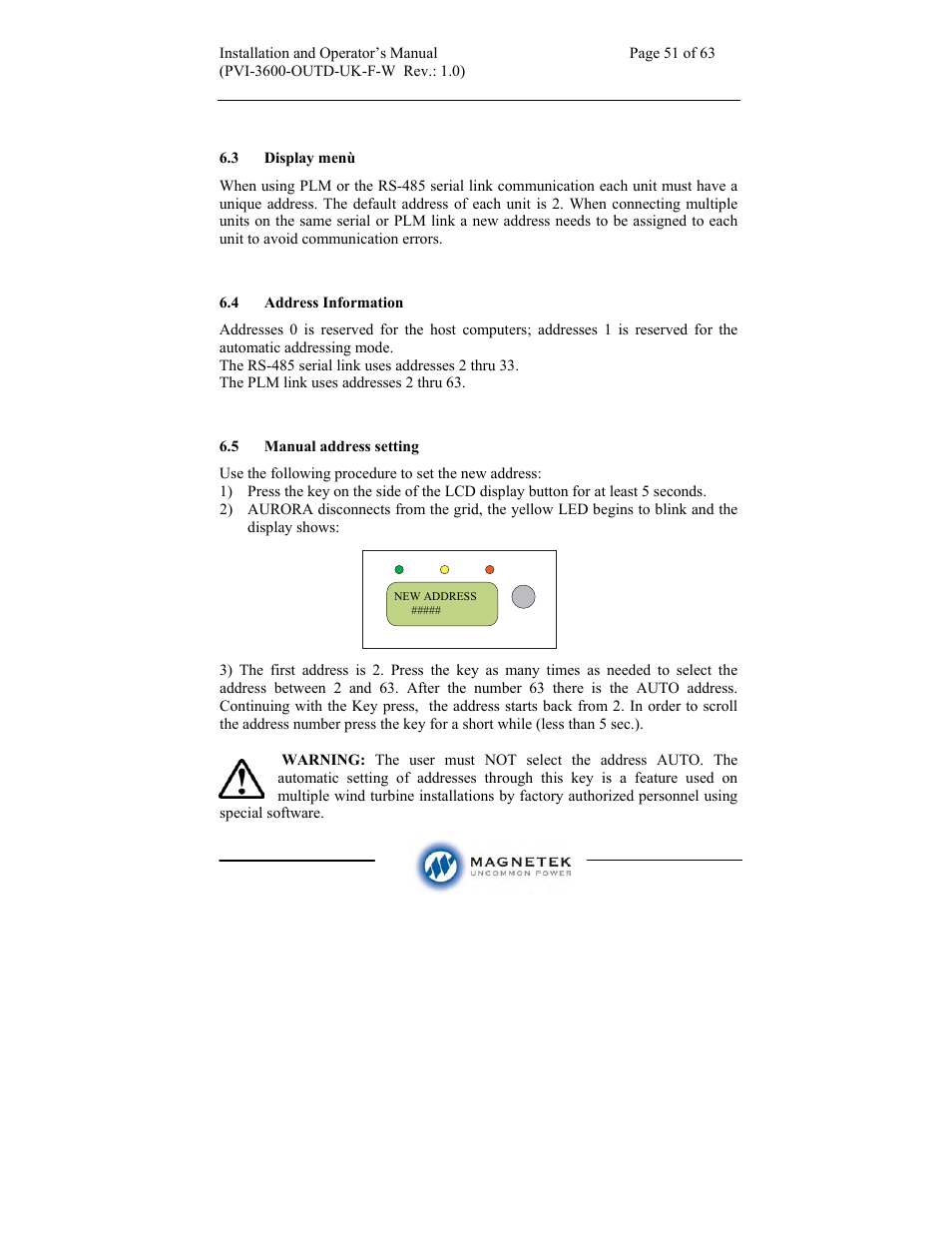 Aurora Electronics MAGNETEK PVI-3600-OUTD-UK-F-W User Manual | Page 51 / 63