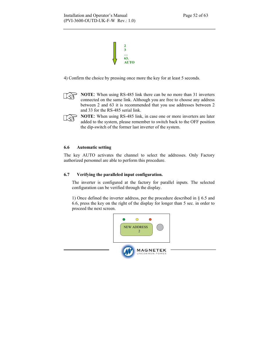 Aurora Electronics MAGNETEK PVI-3600-OUTD-UK-F-W User Manual | Page 52 / 63