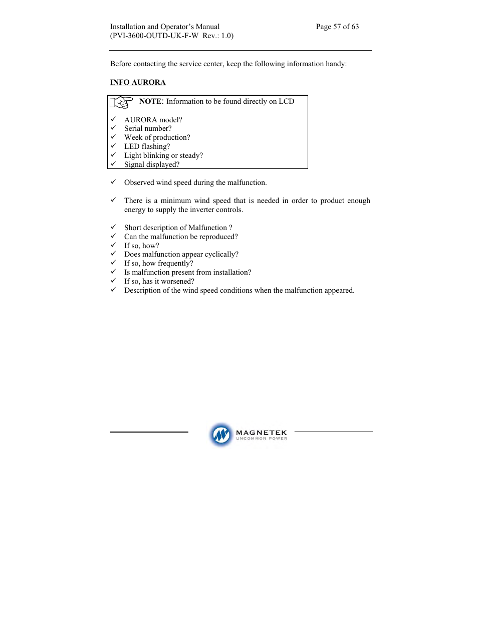 Aurora Electronics MAGNETEK PVI-3600-OUTD-UK-F-W User Manual | Page 57 / 63