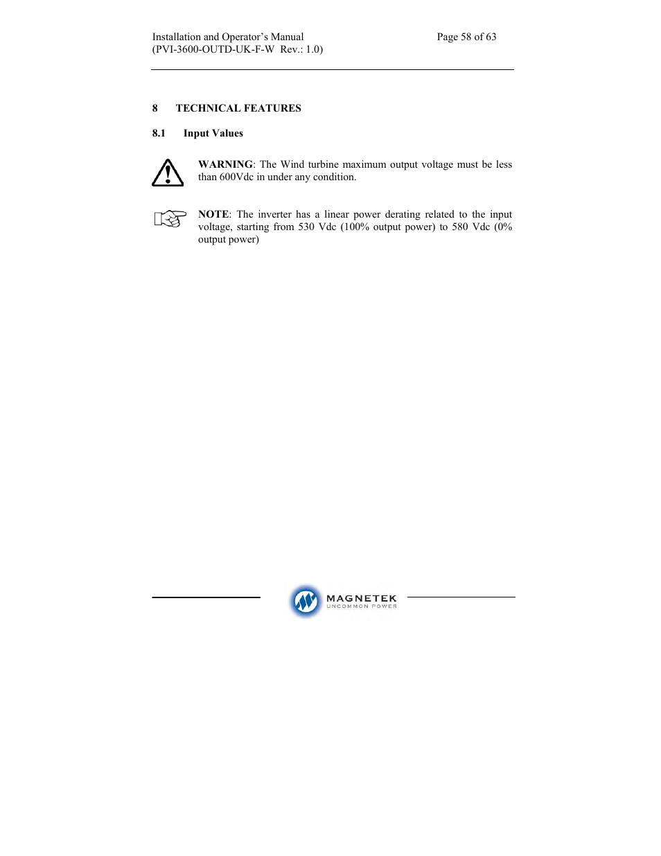 Aurora Electronics MAGNETEK PVI-3600-OUTD-UK-F-W User Manual | Page 58 / 63