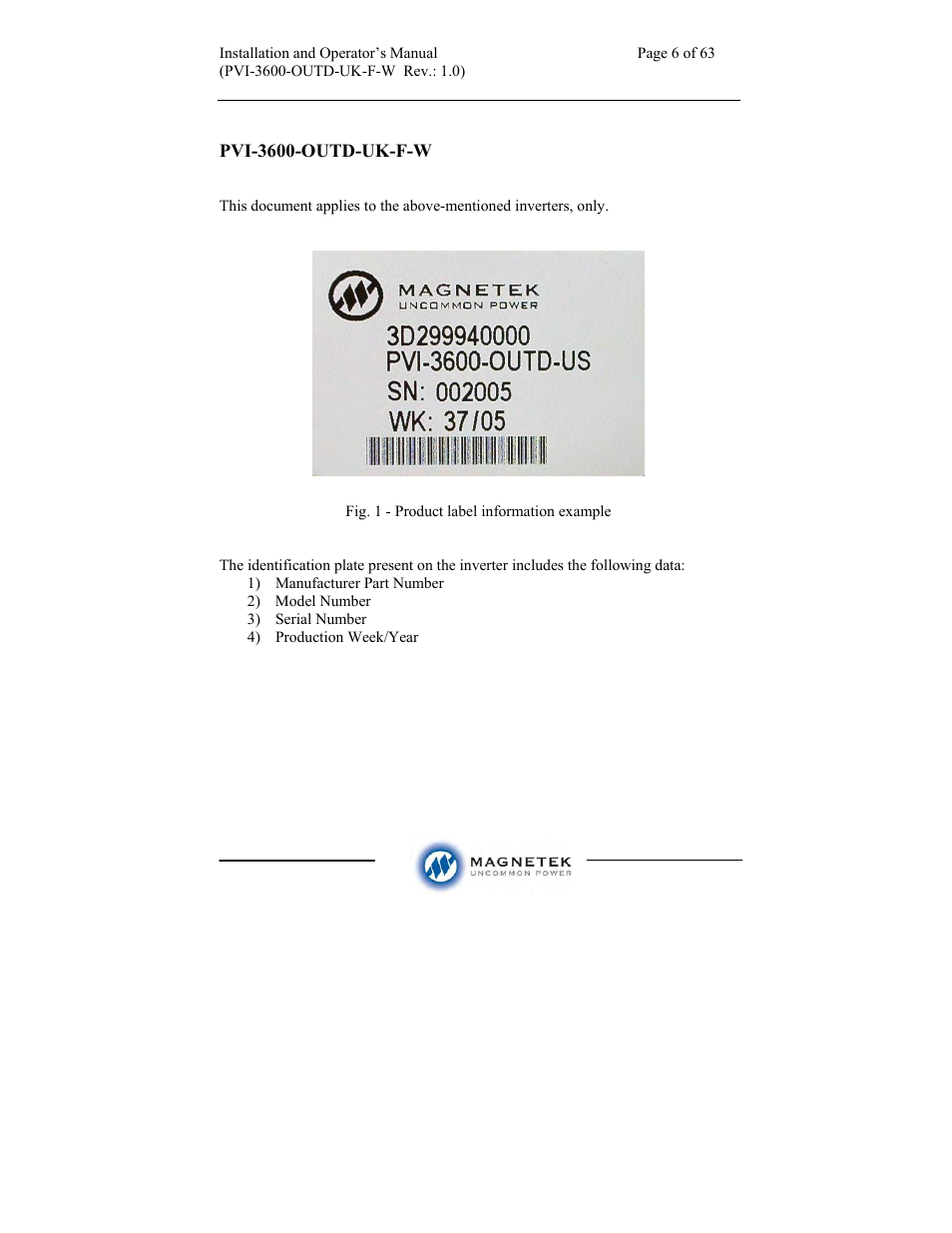 Aurora Electronics MAGNETEK PVI-3600-OUTD-UK-F-W User Manual | Page 6 / 63