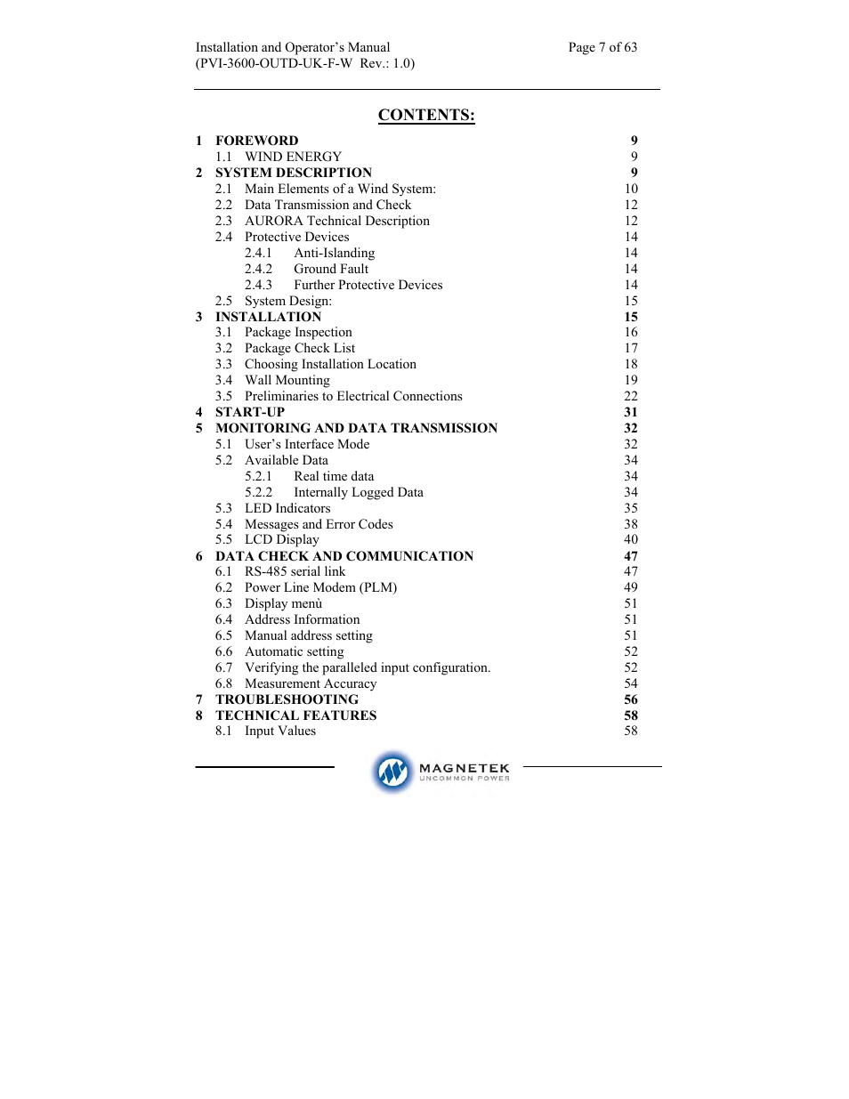 Aurora Electronics MAGNETEK PVI-3600-OUTD-UK-F-W User Manual | Page 7 / 63