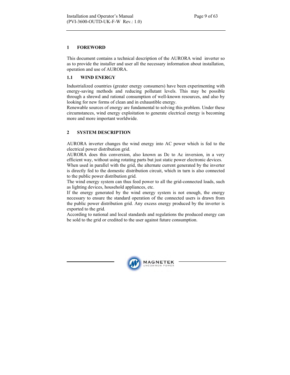 Aurora Electronics MAGNETEK PVI-3600-OUTD-UK-F-W User Manual | Page 9 / 63