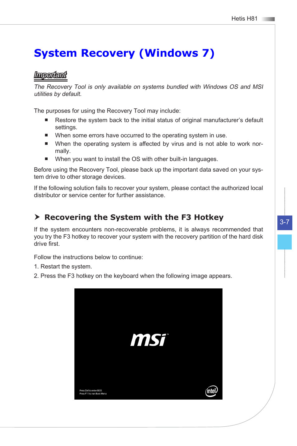 System recovery (windows 7), Important, Recovering the system with the f3 hotkey | MSI HETIS H81 User Manual | Page 35 / 54