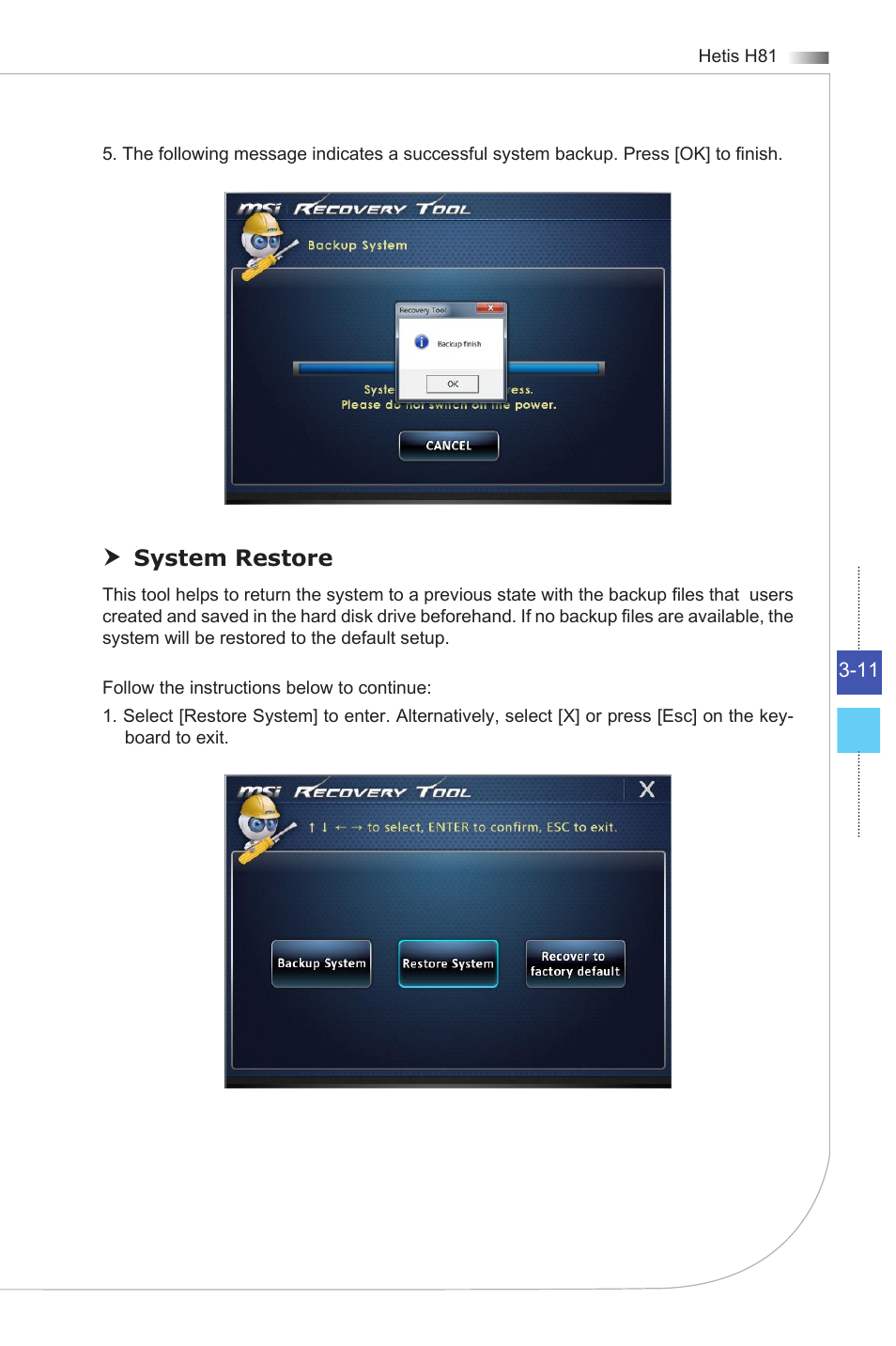 System restore | MSI HETIS H81 User Manual | Page 39 / 54