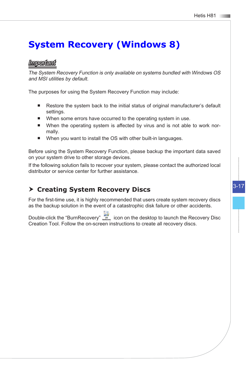 System recovery (windows 8), Important, Creating system recovery discs | MSI HETIS H81 User Manual | Page 45 / 54