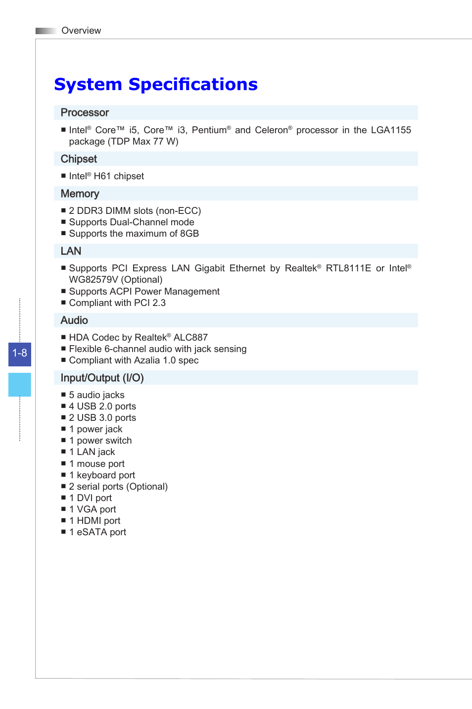 System specifications | MSI HETIS H61 ULTRA User Manual | Page 20 / 46