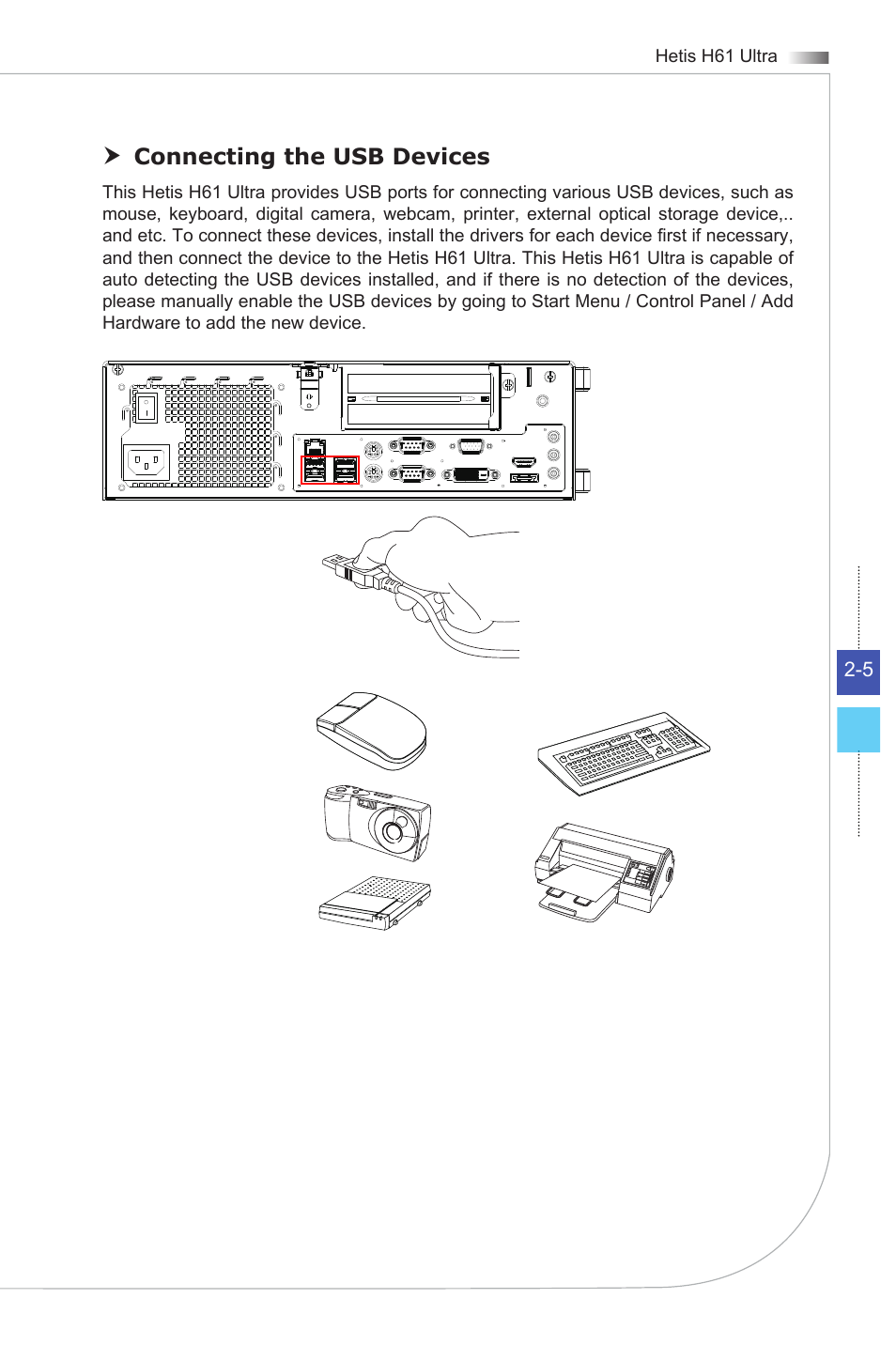 Connecting vga-out & hdmi-out devices, Connecting the usb devices | MSI HETIS H61 ULTRA User Manual | Page 27 / 46