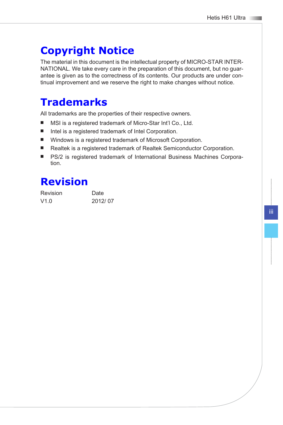 Copyright notice, Trademarks, Revision | MSI HETIS H61 ULTRA User Manual | Page 3 / 46