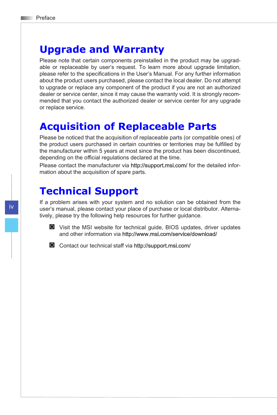 Upgrade and warranty, Acquisition of replaceable parts, Technical support | MSI HETIS H61 ULTRA User Manual | Page 4 / 46