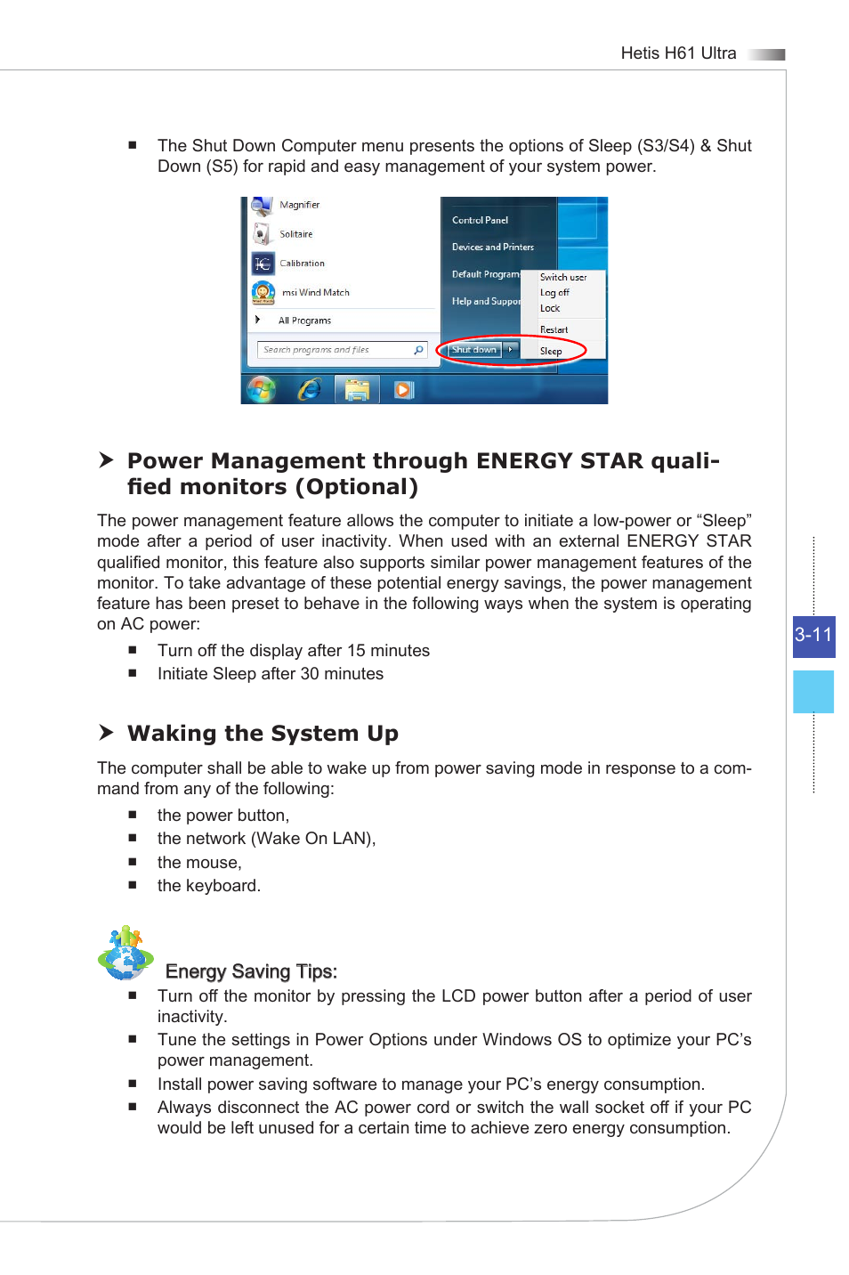 Power management, Power management in windows os, Waking the system up | MSI HETIS H61 ULTRA User Manual | Page 41 / 46