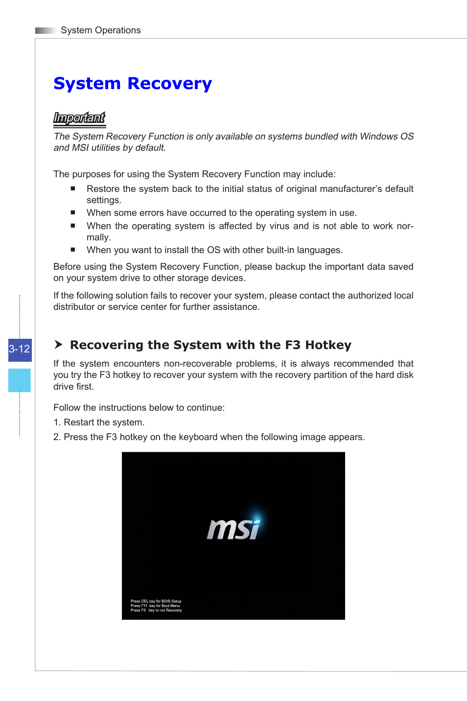 System recovery, Important, Recovering the system with the f3 hotkey | MSI HETIS H61 ULTRA User Manual | Page 42 / 46