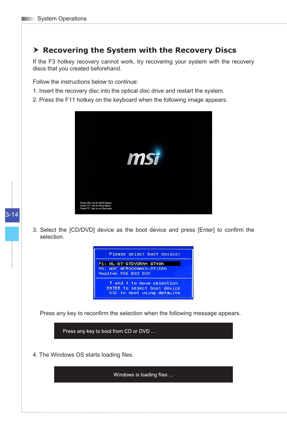 Recovering the system with the recovery discs | MSI HETIS H61 ULTRA User Manual | Page 44 / 46