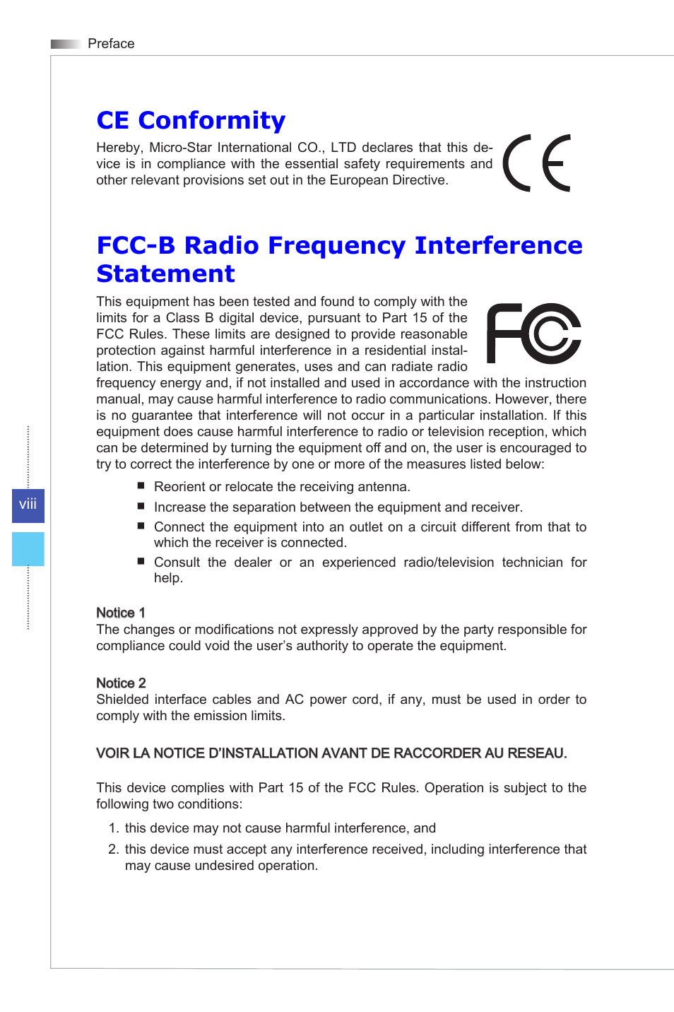 Ce conformity, Fcc-b radio frequency interference statement | MSI HETIS H61 ULTRA User Manual | Page 8 / 46