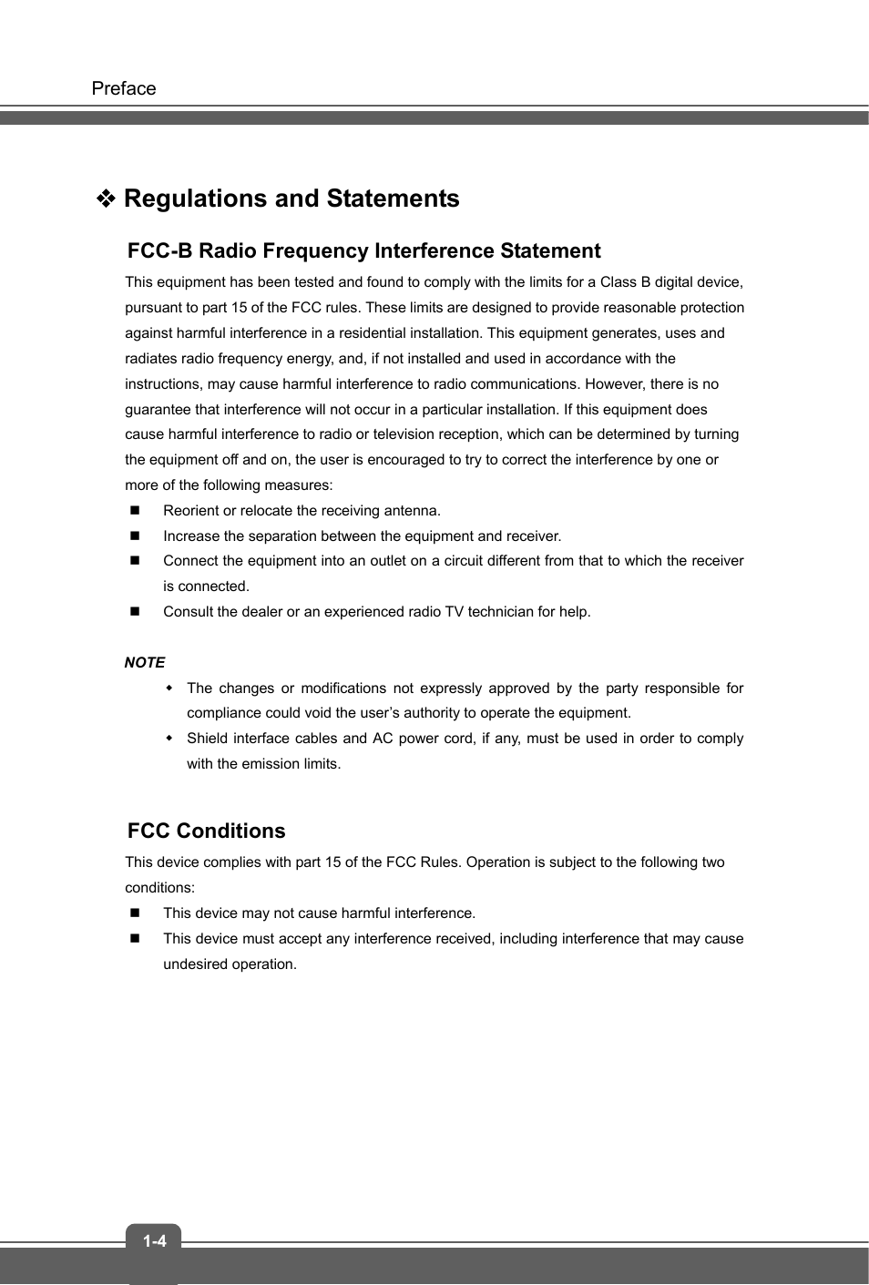 Regulations and statements, Fcc-b radio frequency interference statement, Fcc conditions | MSI S100 User Manual | Page 4 / 29