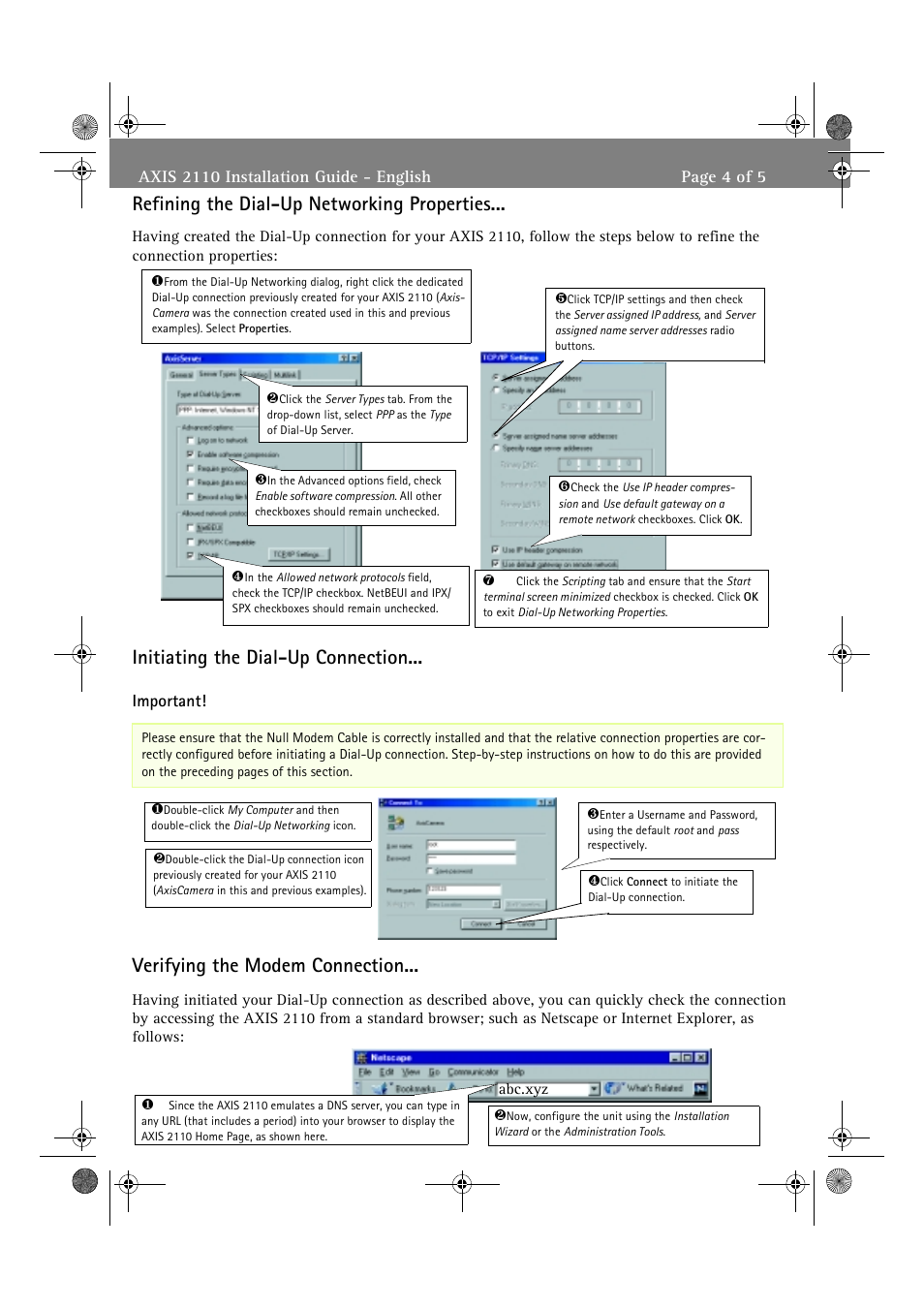 Refining the dial-up networking properties, Initiating the dial-up connection, Verifying the modem connection | axis international marketing 2110 User Manual | Page 5 / 6