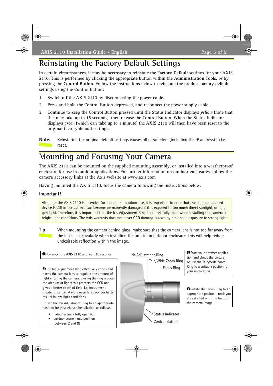 Reinstating the factory default settings, Mounting and focusing your camera | axis international marketing 2110 User Manual | Page 6 / 6