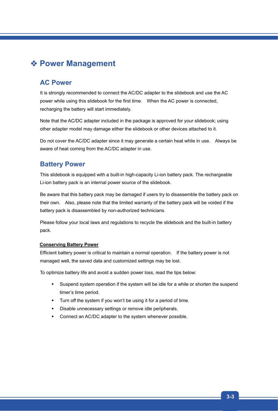 Power management, Ac power, Battery power | MSI S20 SLIDER 2 User Manual | Page 21 / 36