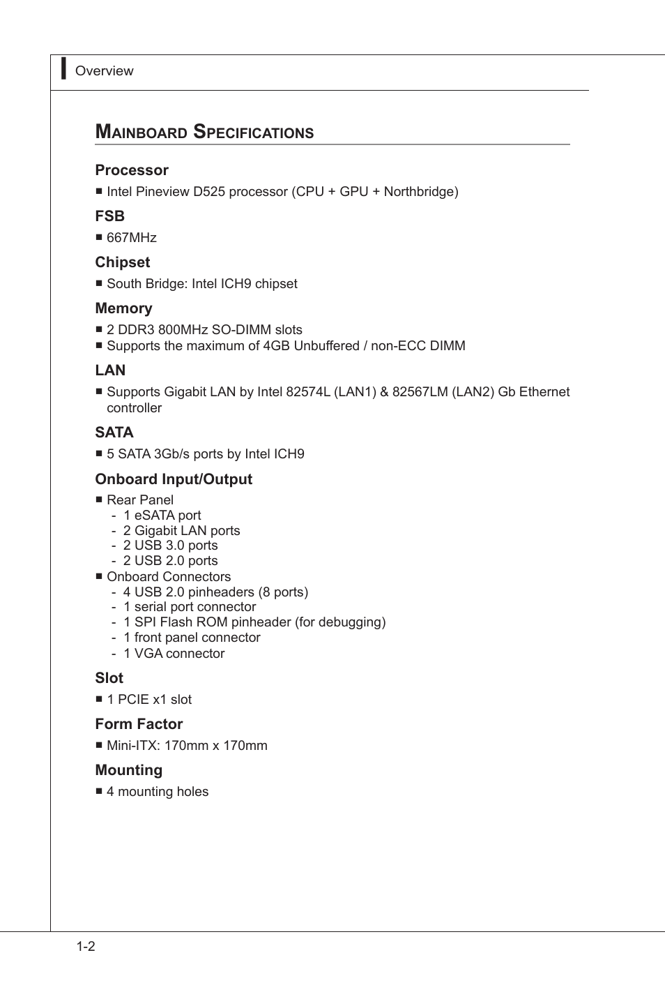 Mainboard specifications, Mainboard specifications -2 | MSI MS-S0031 User Manual | Page 10 / 39