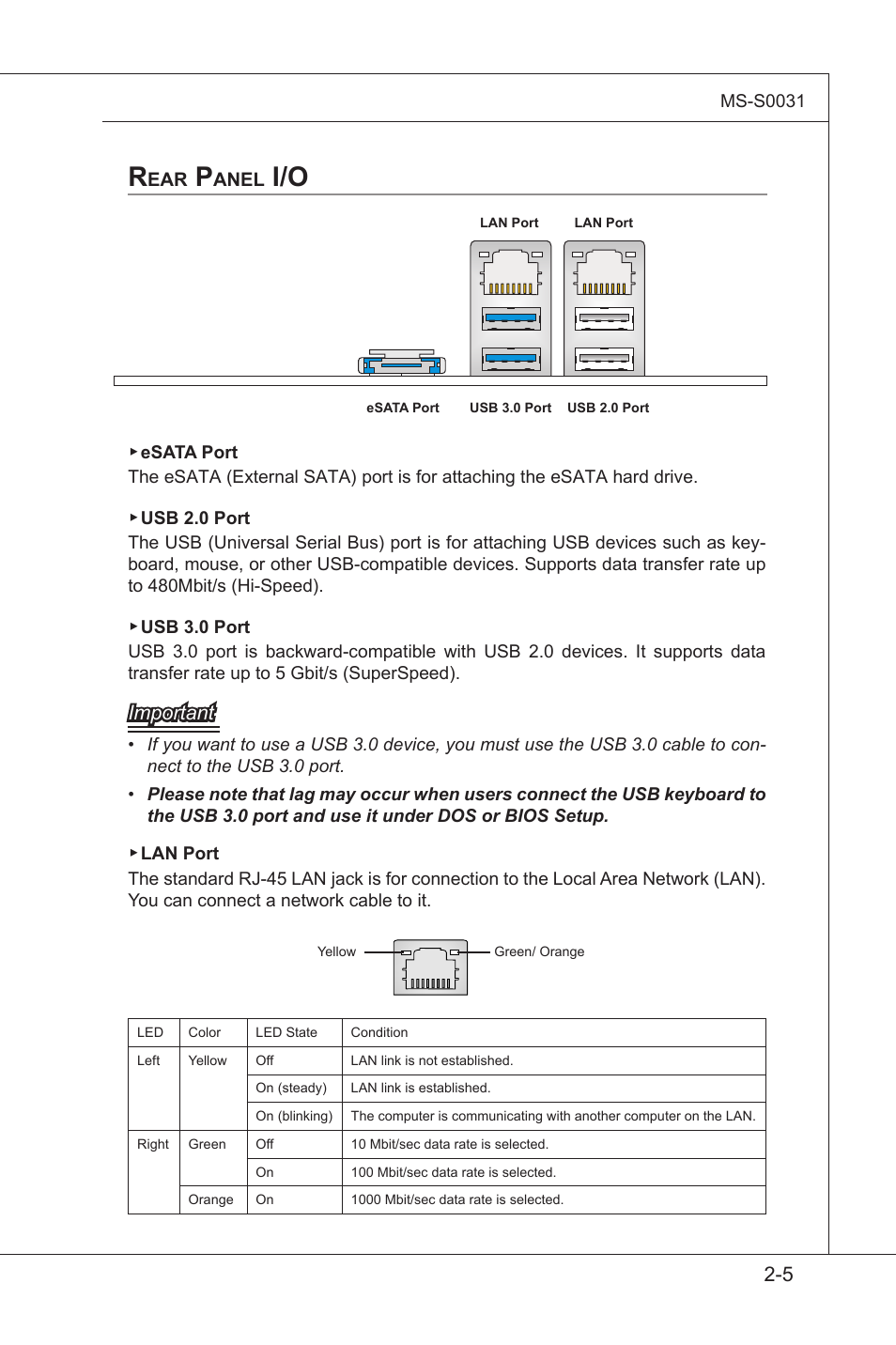 Rear panel i/o, Rear panel i/o -5, Important | MSI MS-S0031 User Manual | Page 17 / 39