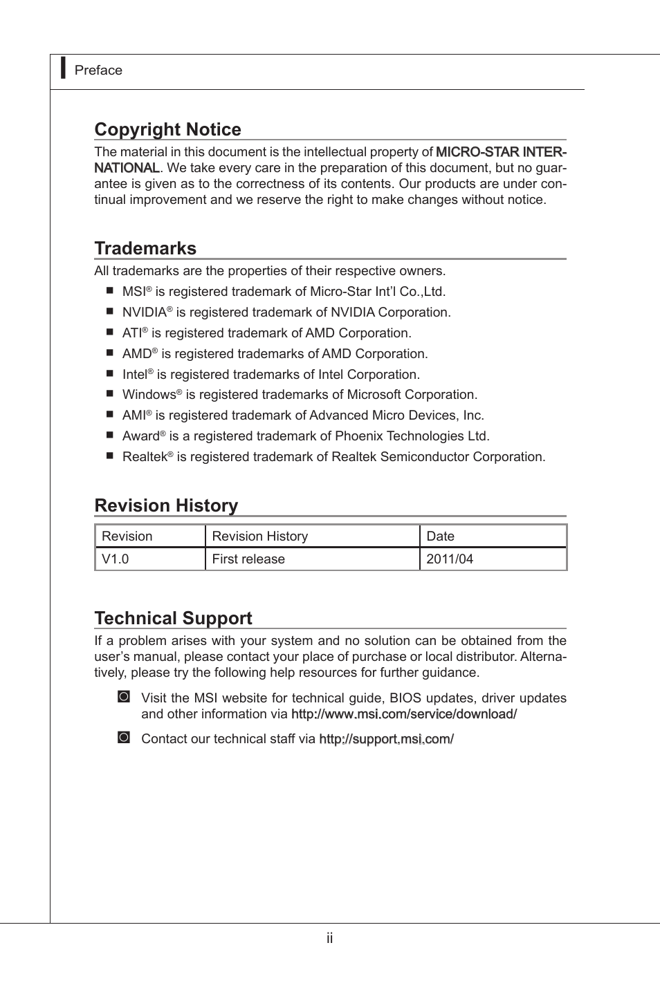 Copyright notice, Trademarks, Revision history | Technical support | MSI MS-S0031 User Manual | Page 2 / 39