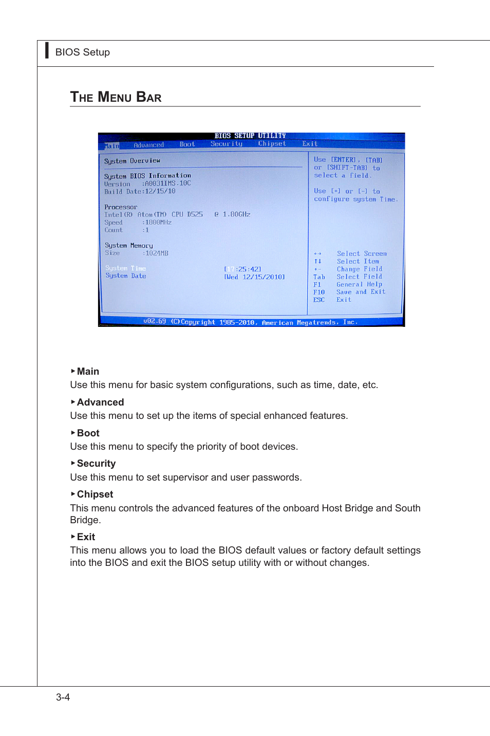 The menu bar, The main menu, The menu bar -4 | MSI MS-S0031 User Manual | Page 28 / 39