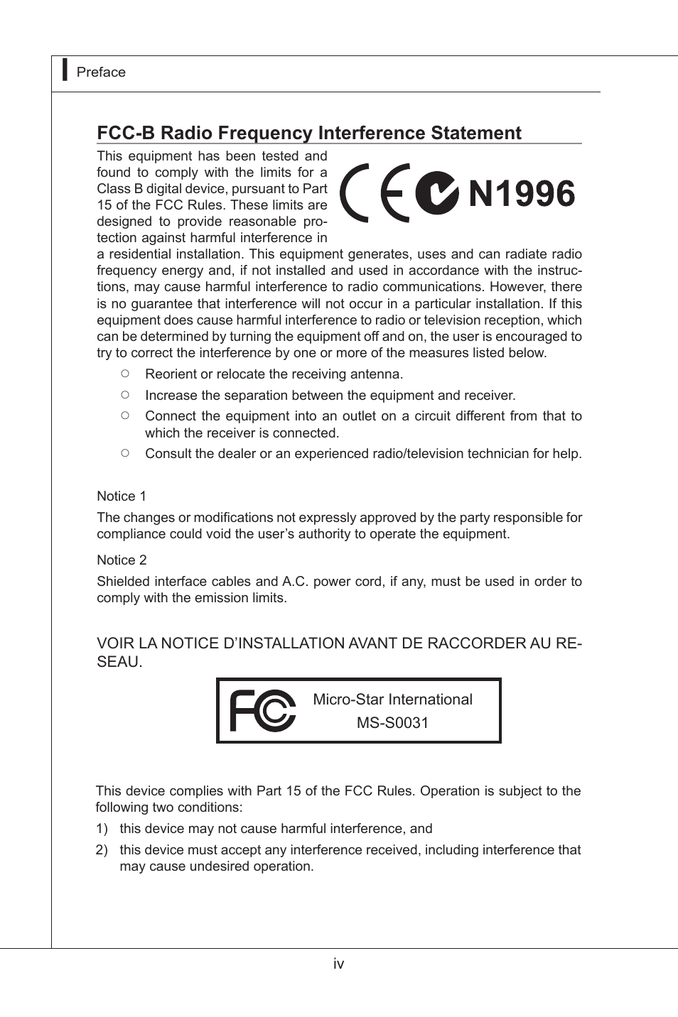 Fcc-b radio frequency interference statement | MSI MS-S0031 User Manual | Page 4 / 39