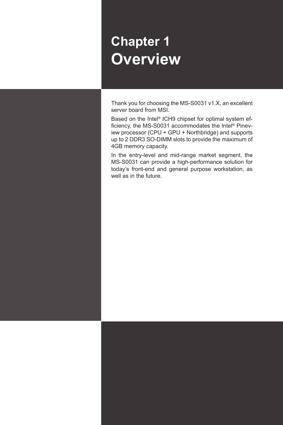 Chapter 1, Overview | MSI MS-S0031 User Manual | Page 9 / 39