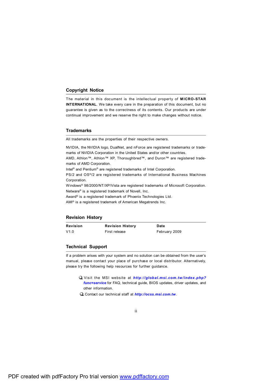 Ii copyright notice, Trademarks, Revision history | Technical support | MSI MS-91C2 Series User Manual | Page 2 / 82