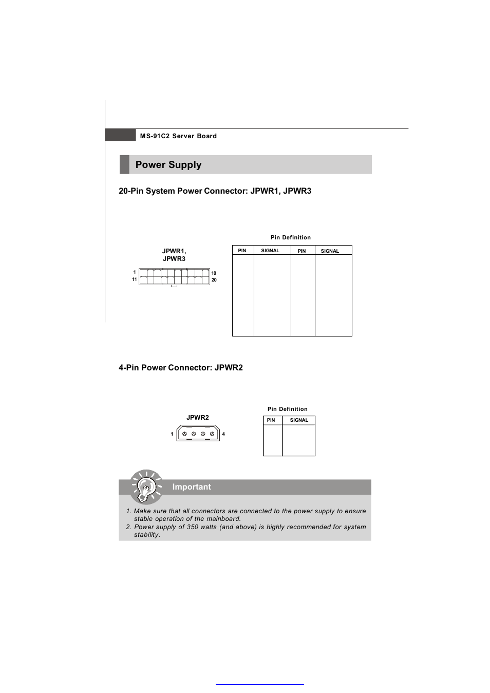 Power supply, Important, Pin system power connector: jpwr1, jpwr3 | Pin power connector: jpwr2 | MSI MS-91C2 Series User Manual | Page 20 / 82