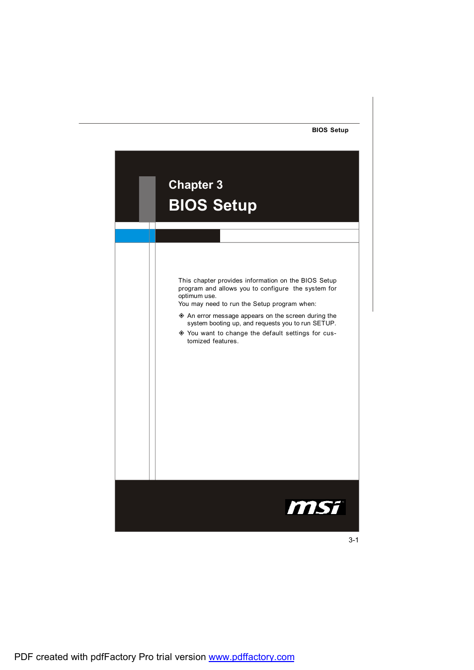 Bios setup, Chapter 3 | MSI MS-91C2 Series User Manual | Page 29 / 82