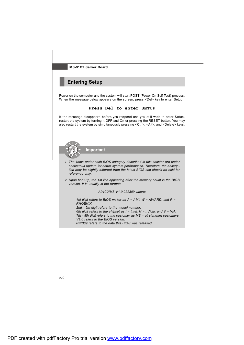 Entering setup | MSI MS-91C2 Series User Manual | Page 30 / 82