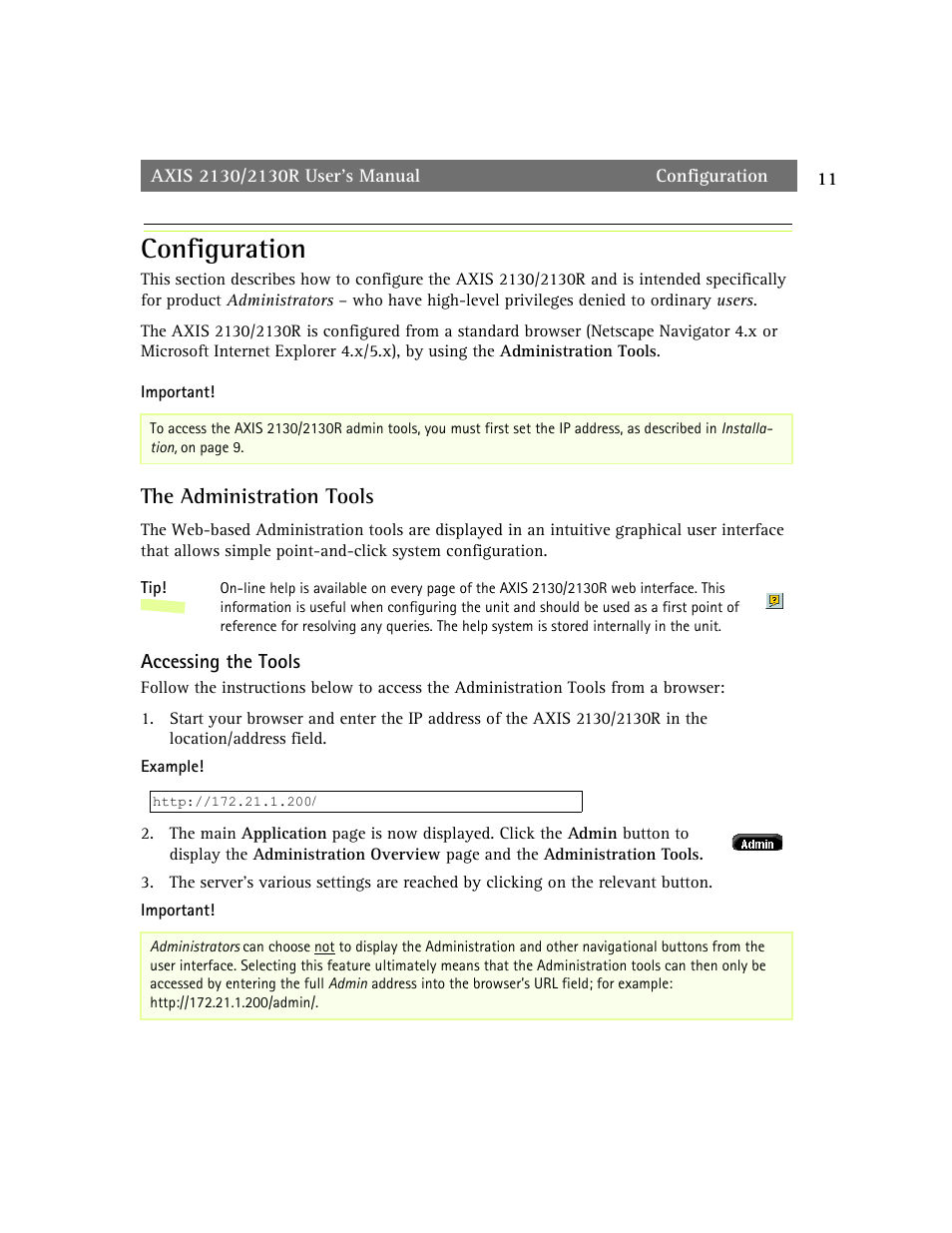 Configuration, The administration tools | axis international marketing 2130R PTZ User Manual | Page 11 / 41