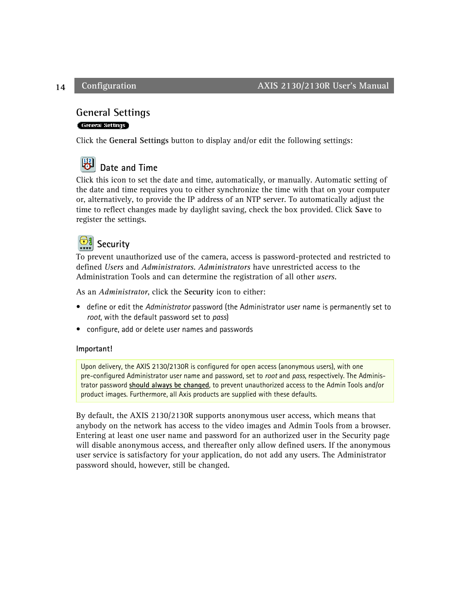 General settings | axis international marketing 2130R PTZ User Manual | Page 14 / 41