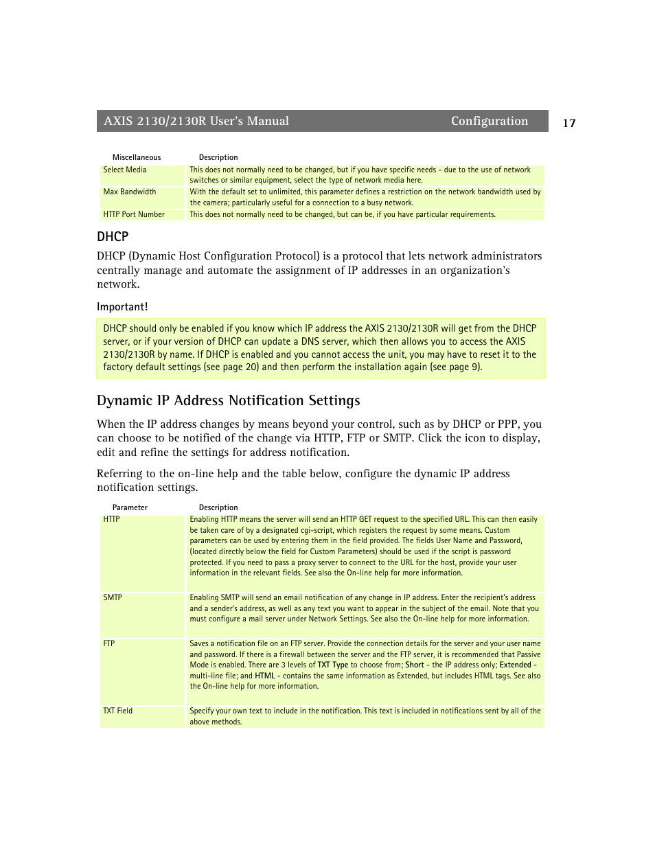 Dynamic ip address notification settings, Dhcp | axis international marketing 2130R PTZ User Manual | Page 17 / 41