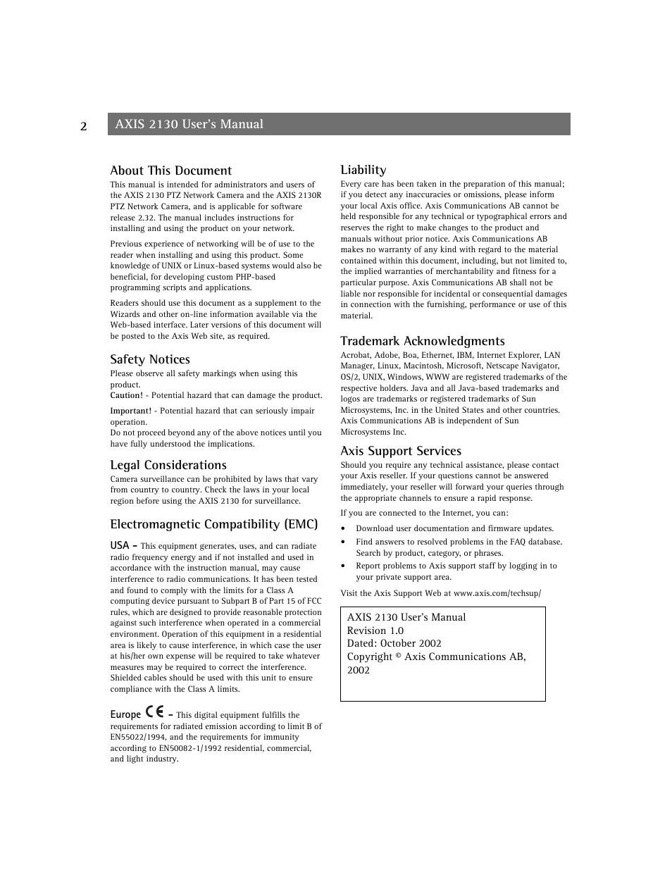 About this document, Safety notices, Legal considerations | Electromagnetic compatibility (emc), Liability, Trademark acknowledgments, Axis support services | axis international marketing 2130R PTZ User Manual | Page 2 / 41