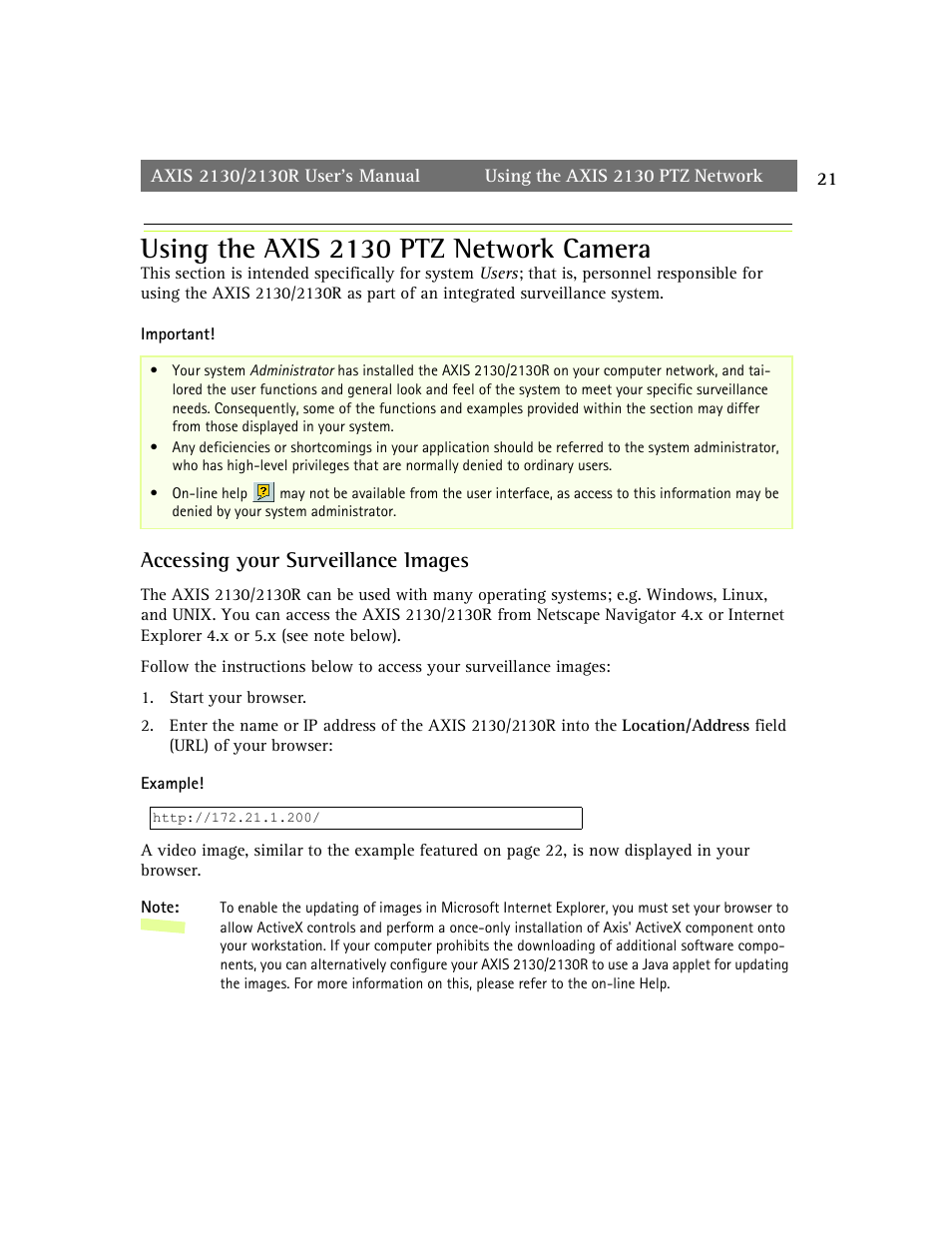 Using the axis 2130 ptz network camera, Accessing your surveillance images | axis international marketing 2130R PTZ User Manual | Page 21 / 41