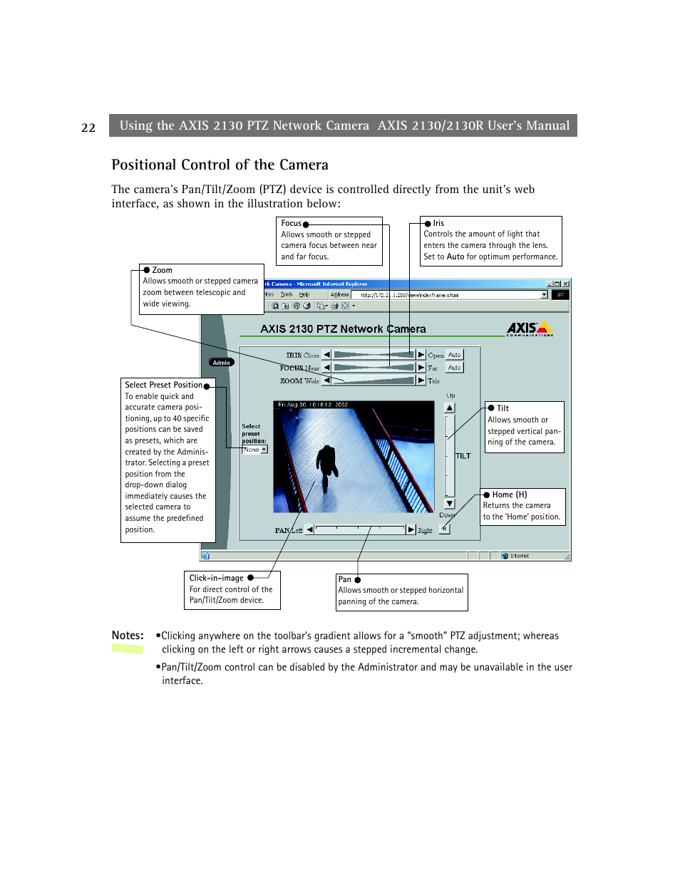 Positional control of the camera, Using the axis 2130 ptz network camera | axis international marketing 2130R PTZ User Manual | Page 22 / 41