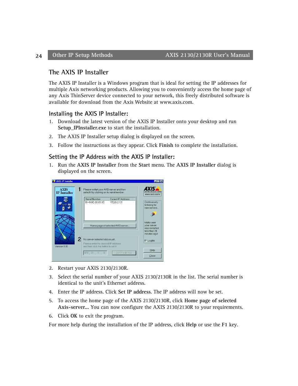 The axis ip installer | axis international marketing 2130R PTZ User Manual | Page 24 / 41